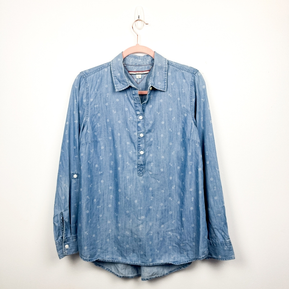 Tommy Hilfiger Long Sleeve Blue & White Button-Up with Ship Anchor Pattern